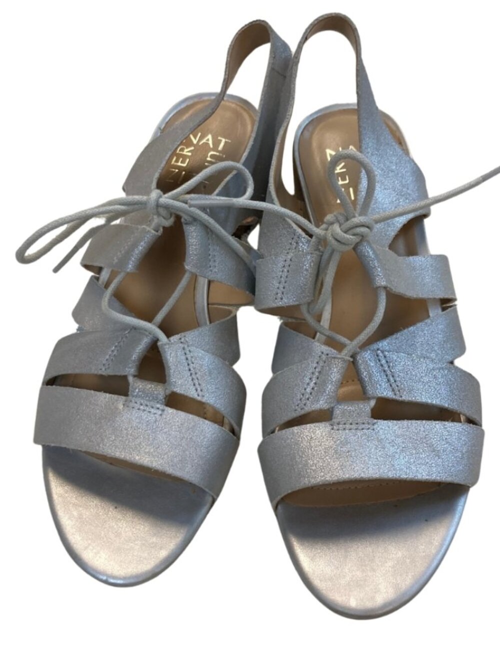 Naturalizer Size 8 Silver 2 inch heel Sandals with String Tie Closure
